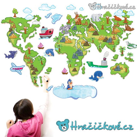 Kreslená mapa světa samolepka na zeď 120 × 80 cm | Dětská dekorace do pokoje