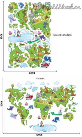 Kreslená mapa světa samolepka na zeď 120 × 80 cm | Dětská dekorace do pokoje