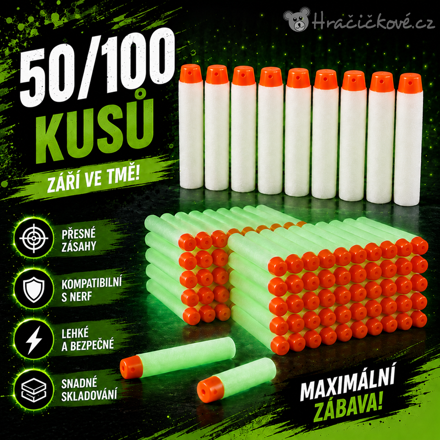 Náhradní fosforeskující náboje (šipky) do pistole typu Nerf, 50/100 ks 