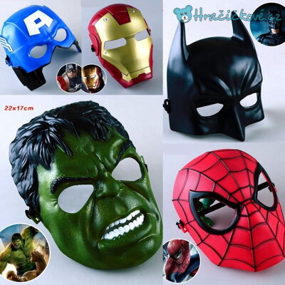 5x plastová maska hrdinů Avengers, Ironman, Batman, Hulk, Spiderman, Kapitán Amerika