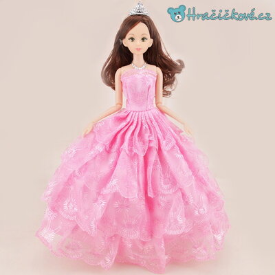 Krásná hnědovlasá panenka s růžovými šaty, 30cm