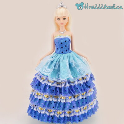 Krásná blonďatá panenka s tmavě modrými šaty, 30cm