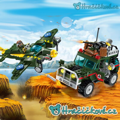Vojenské německé vozidlo a americké letadlo, 241 dílků (stavebnice typu Lego)
