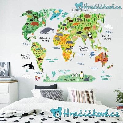 Mapa světa, samolepka na zeď, vel, 90x60 cm 