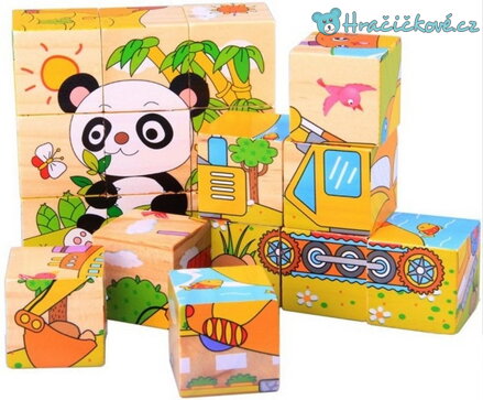 Dřevěné puzzle kostky s kreslenými obrázky