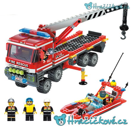Hasičský jeřáb a člun, 417 dílků (stavebnice typu Lego)