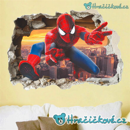 Spiderman v rozbité zdi, samolepka na zeď, vel. 70x50cm
