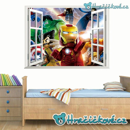 Lego Avengers v okně, samolepka na zeď, vel. 70x50cm