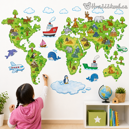 Kreslená mapa světa samolepka na zeď 120 × 80 cm | Dětská dekorace do pokoje