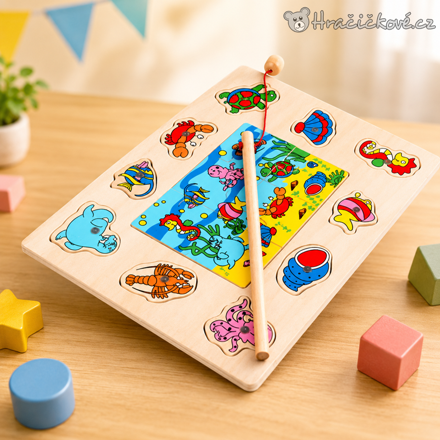 Dřevěné rybářské puzzle Oceán 30 cm | Magnetická hra s rybičkami pro děti