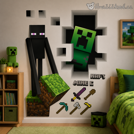 3D samolepka Minecraft Enderman Creeper a nářadí 70 × 50 cm