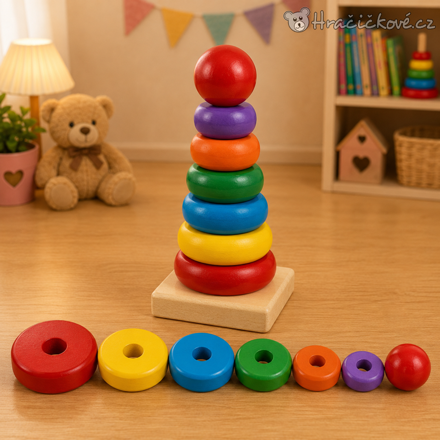 Dřevěná barevná věž s kroužky | Montessori skládací hračka pro děti