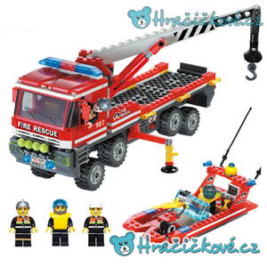 Hasičský jeřáb a člun, 417 dílků (stavebnice typu Lego)