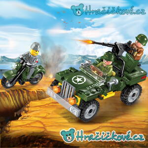 Vojenský americký Jeep s motorkou, 99 dílků (stavebnice typu Lego)