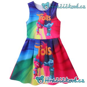 Krásné barevné letní dívčí šaty s motivem Trolové (Trolls) – barevné