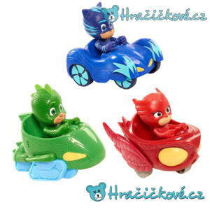 3 figurky s vozítky z pohádky PJ Mask