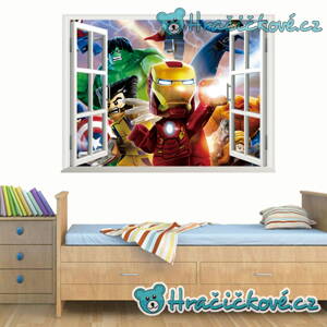 Lego Avengers v okně, samolepka na zeď, vel. 70x50cm
