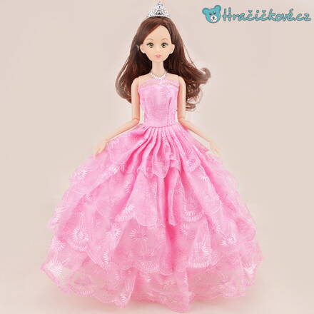 Krásná hnědovlasá panenka s růžovými šaty, 30cm