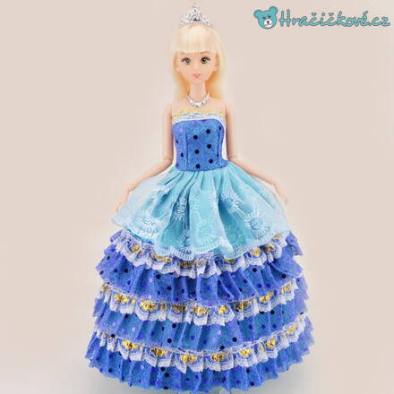 Krásná blonďatá panenka s tmavě modrými šaty, 30cm