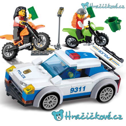 Policejní auto a dva motorkáři, 158 dílků (stavebnice typu Lego)