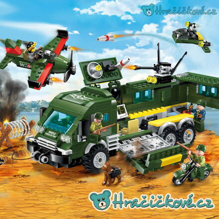 Vojenský rozkládací náklaďák, letadlo a motorka, 446 dílků (stavebnice typu Lego)
