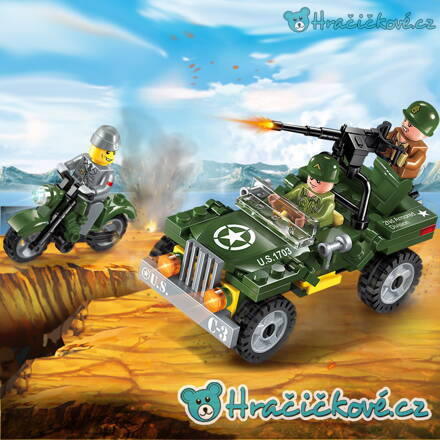 Vojenský americký Jeep s motorkou, 99 dílků (stavebnice typu Lego)