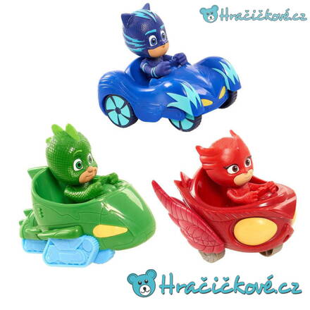3 figurky s vozítky z pohádky PJ Mask