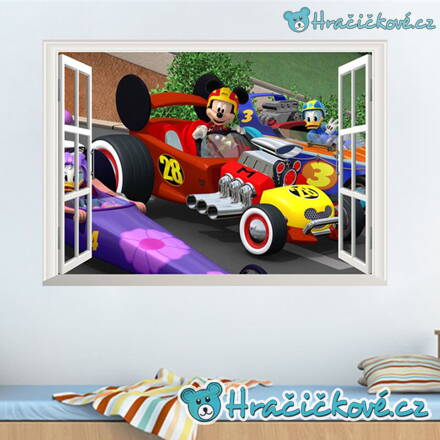 Mickey Mouse a závodní auto, samolepka na zeď, vel.70x50cm